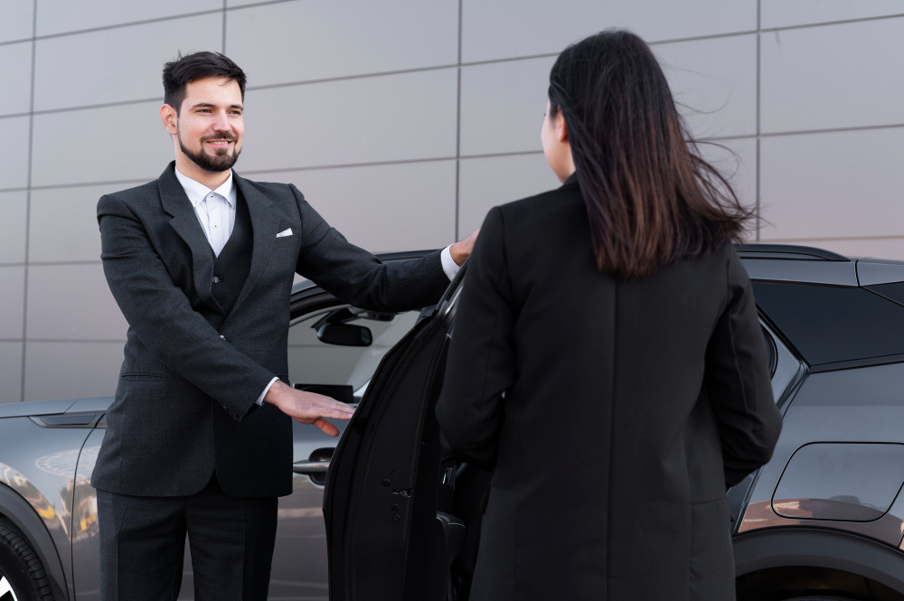 Professional chauffeur opening car door for client