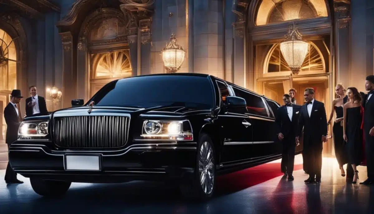 Luxurious black limousine and elegantly dressed people ready to book a limo for an event.