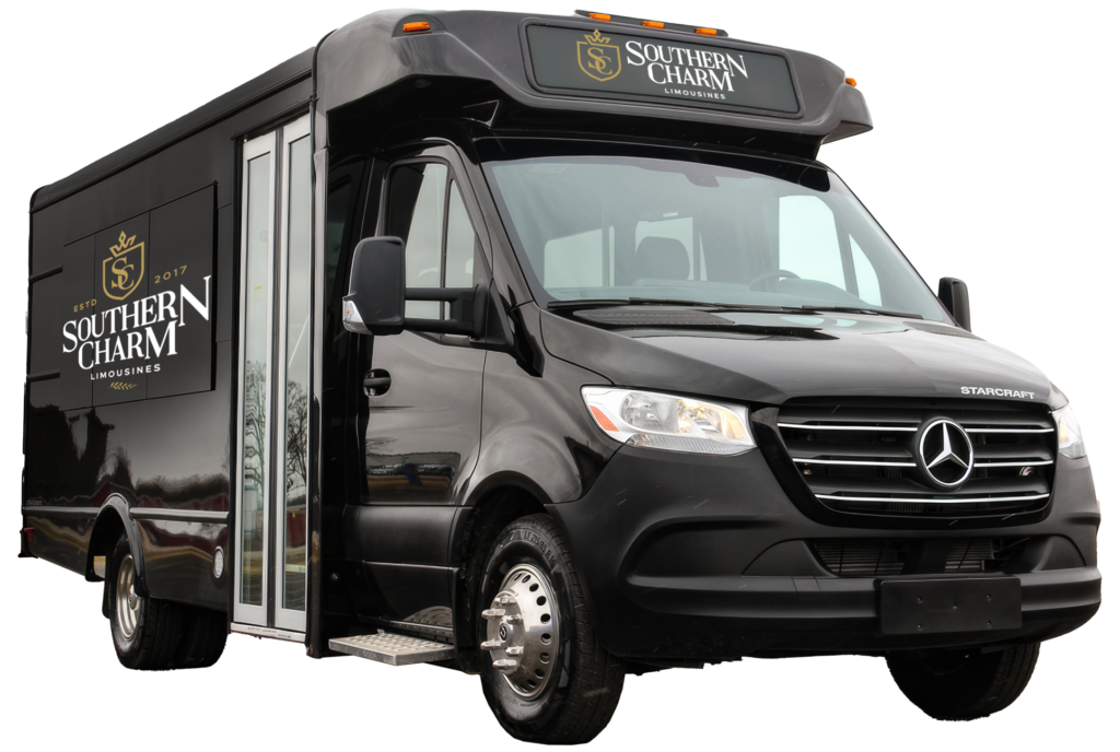 Black Starcraft limo bus with "Southern Charm Limousines" logo, for Pawleys Island limo service.
