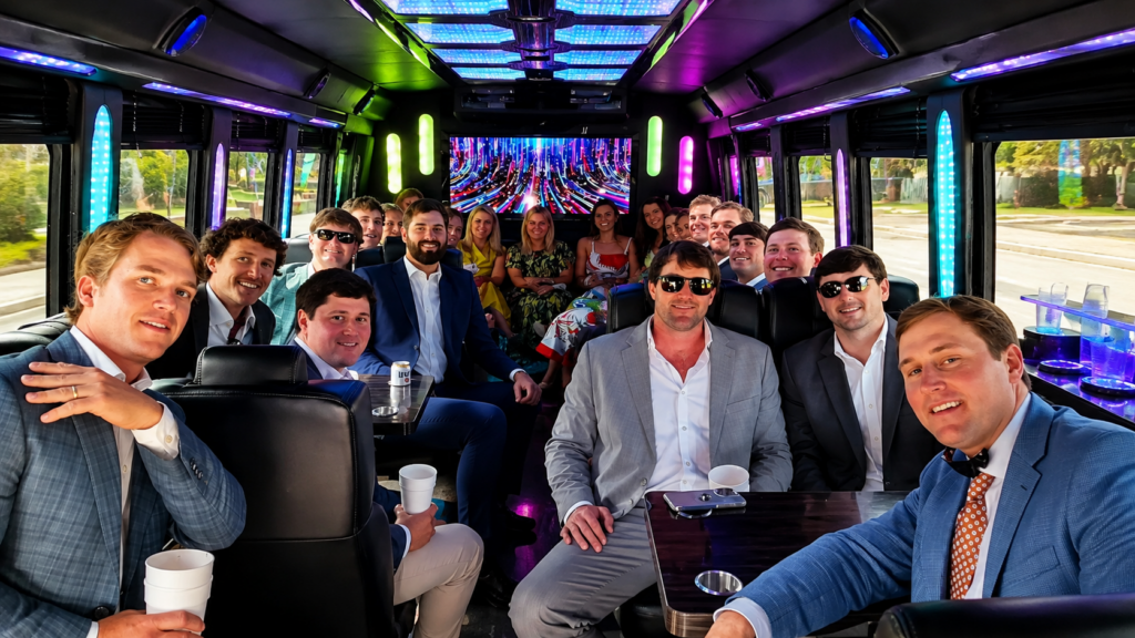 Men in suits celebrating on a party bus, not a kids birthday party bus.