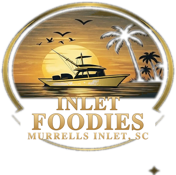 Inlet Foodies Murrells Inlet SC logo with a boat at sunset.