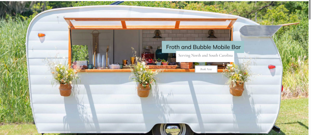 Froth and Bubble Mobile Bar, serving North and South Carolina, with a vintage trailer setup.