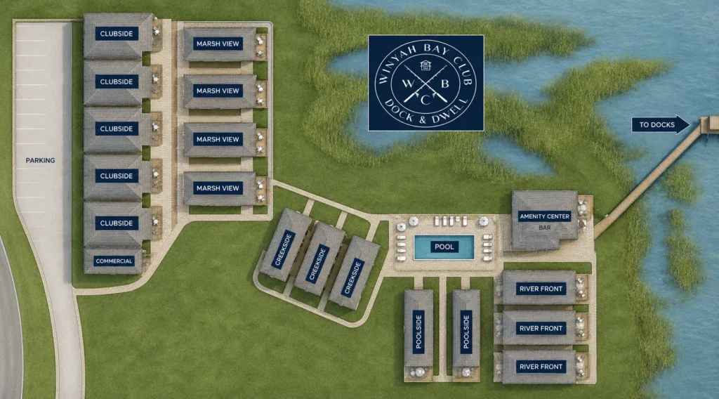Winyah Bay Club dock and dwell map showing marsh view, riverfront, and poolside accommodations.