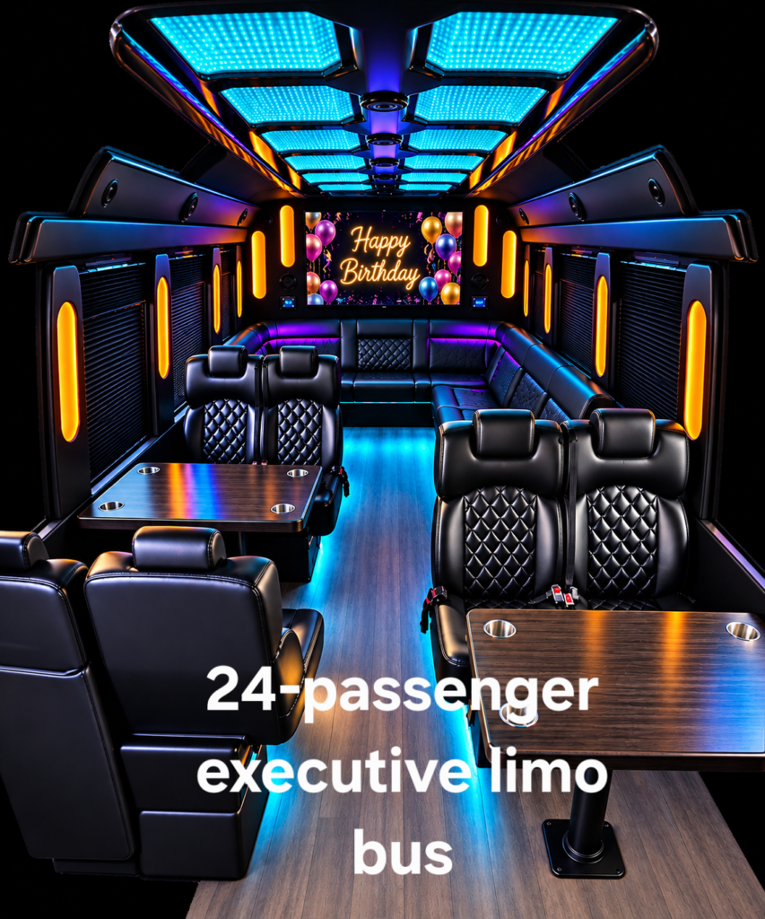 Luxury 24-passenger executive limo bus interior with "Happy Birthday" display.