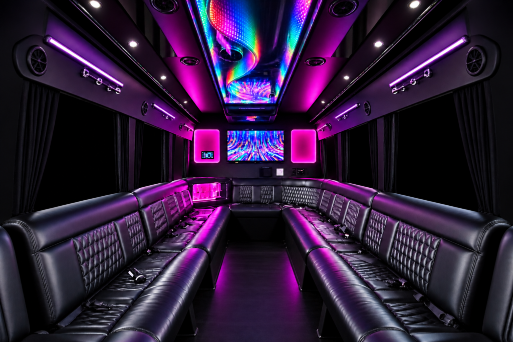 Luxurious party bus interior with black leather seating and vibrant LED lighting